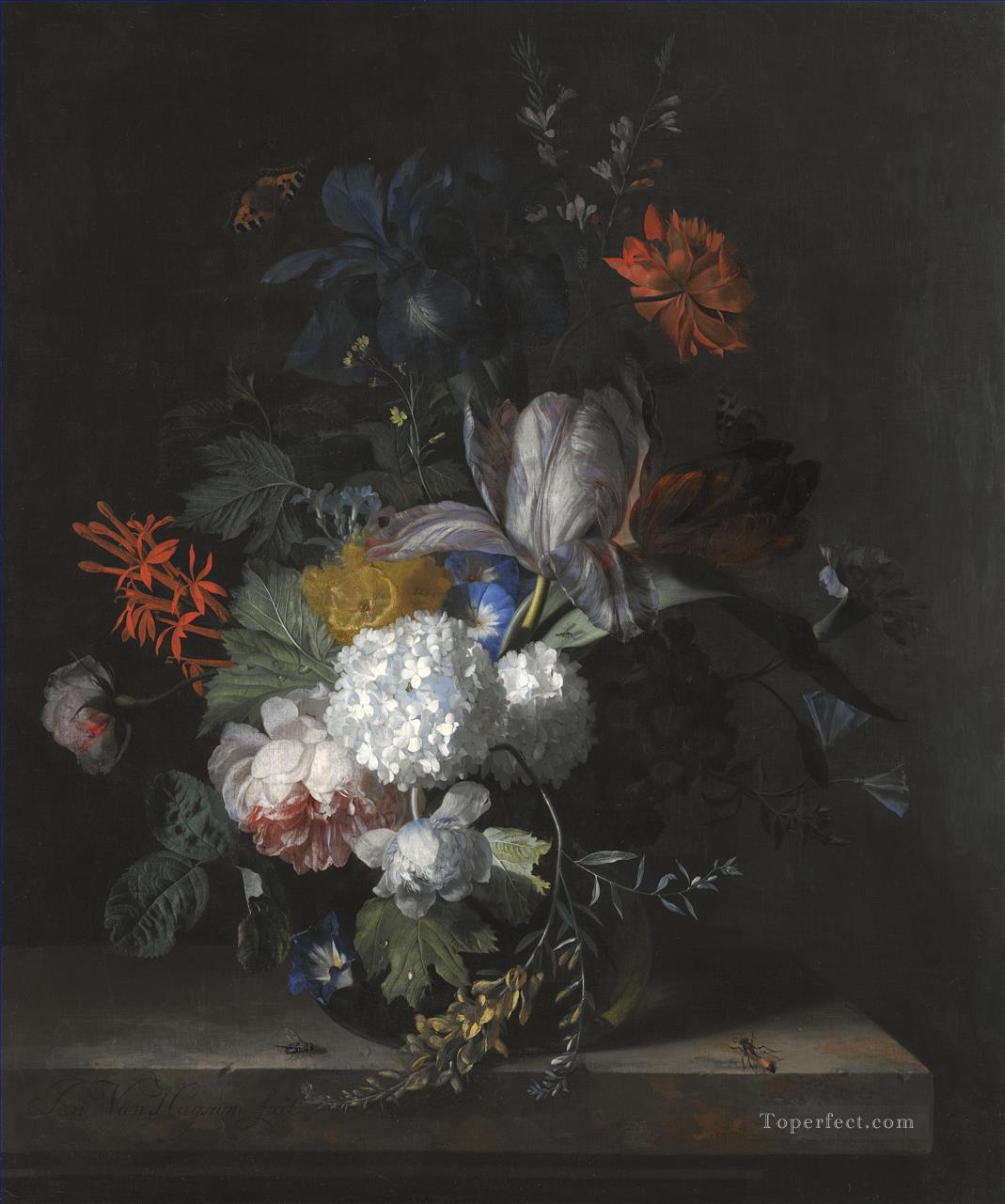 A STILL LIFE WITH HYDRANGEA CONVOLVULUS POLYANTHUS PEONIES AURICULA CARNATION TULIPS SNOWBALLS AND OTHER FLOWERS IN A GLASS VASE Jan van Huysum Oil Paintings